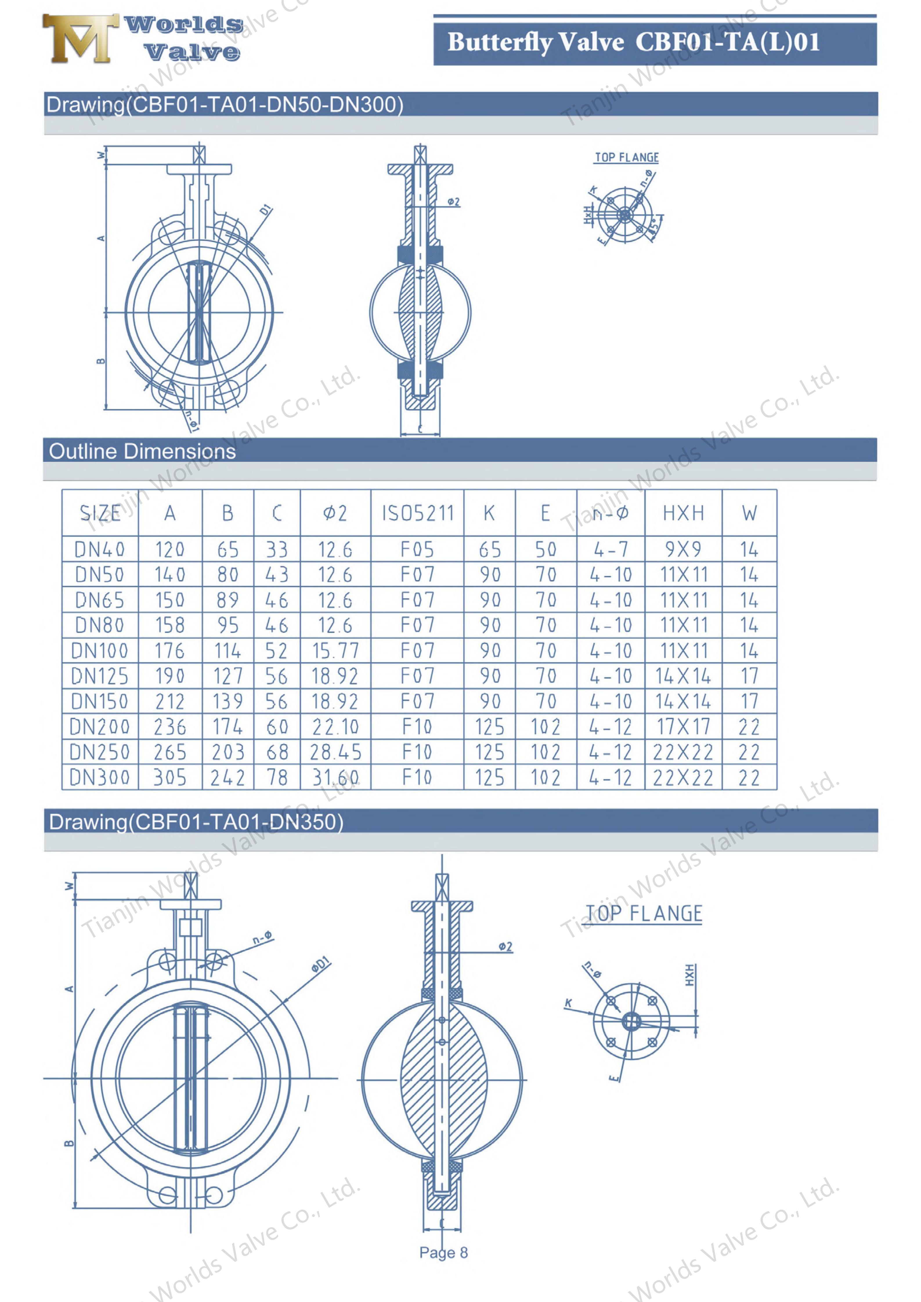Desenho da v&aacute;lvula borboleta Wafer e dimens&atilde;o do contorno