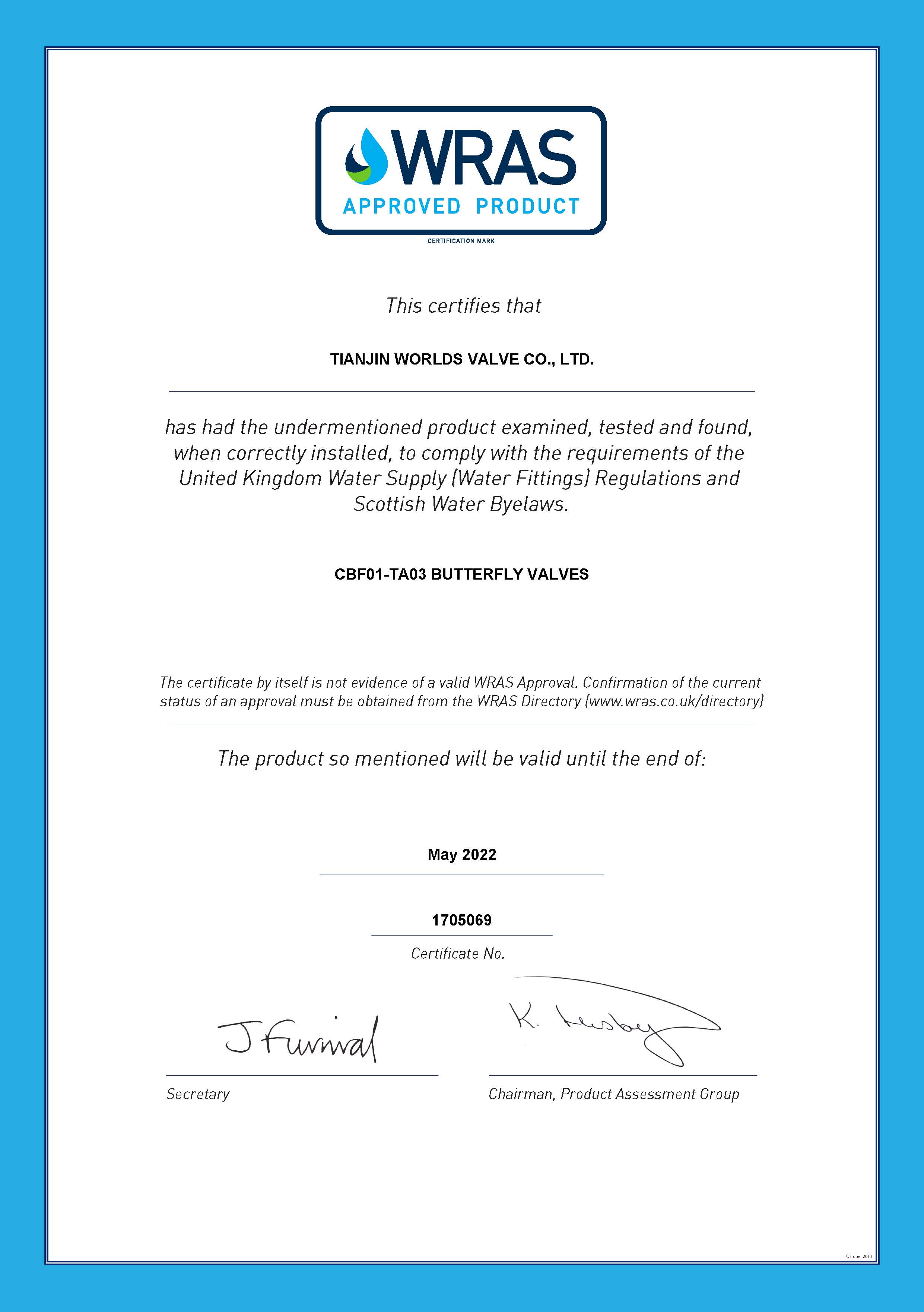 V&aacute;lvula de borboleta WRAS.