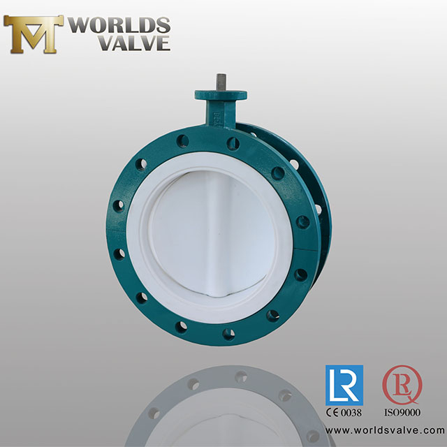 PTFE revestido duplo flange borboleta de borboleta dois peças corpo, API609 / EN558 série 13, PN10 PN16 classe 150, JIS 10K, CE ISO9001, corpo de ferro dúctil, disco e assento, alto desempenho