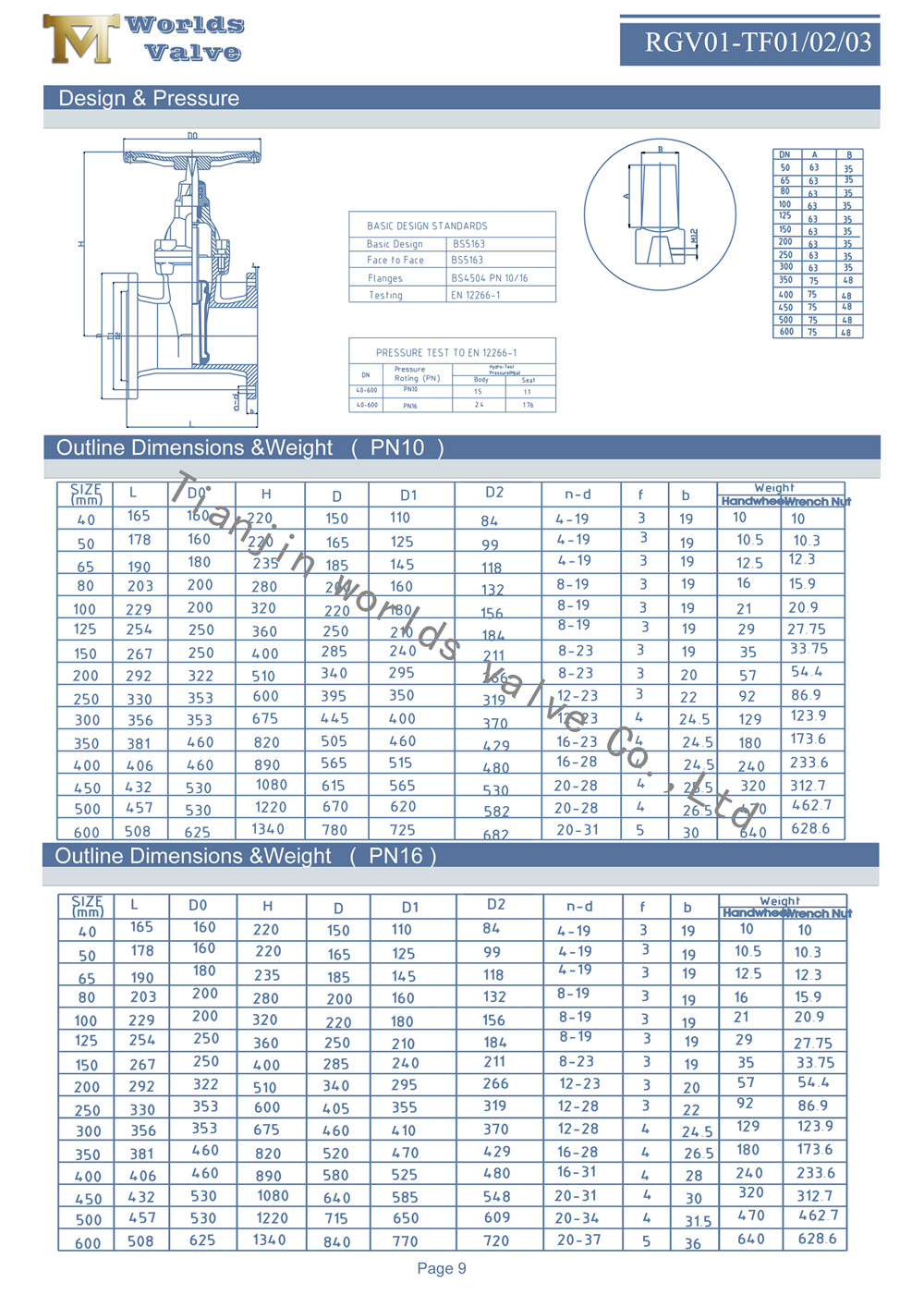 Dimens&otilde;es de contorno Peso (PN10) -RGV01-TF010203