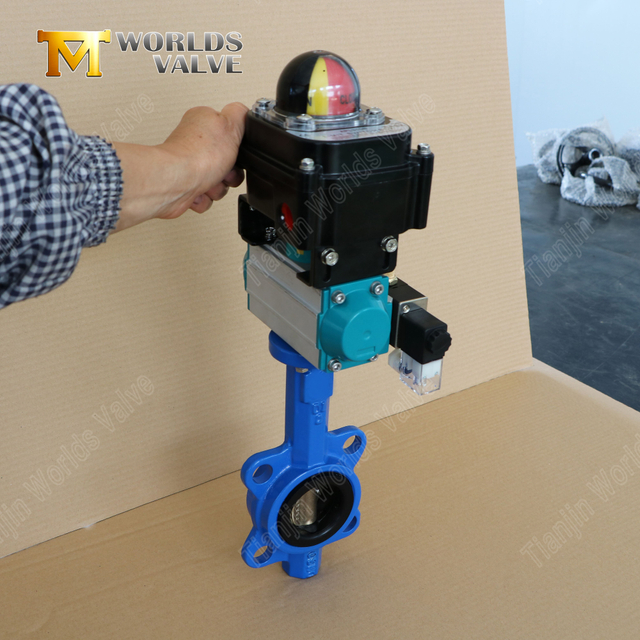 Válvula borboleta pneumática wafer com disco de bronze C95400 e interruptor de limite | Tamanho compacto | Fornecedor OEM