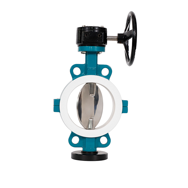 Válvula borboleta de wafer revestido de PTFE completo Corpo de duas peças, corpo de ferro dúctil, disco de aço inoxidável com sede de PTFE, alto desempenho